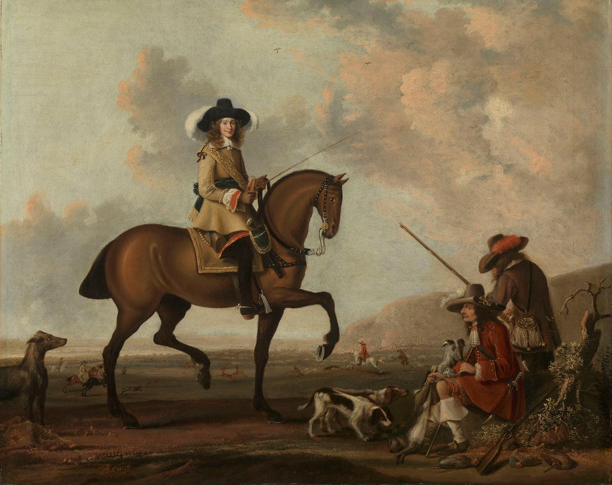 A Gentleman on Horseback with Two Gamekeepers with Dogs — Dutch School, c. 1650