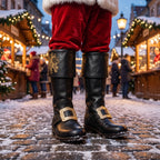 Pair, close together, buckles crossed: Pair of black leather Santa Claus boots with gold embroidered reindeer design on fold-over cuffs and engraved gold buckle straps
Pair, front-facing: Front view of black genuine leather Santa Claus boots showing gold thread reindeer embroidery and ornate gold buckle detail
Single boot, 3/4 profile: Single black leather Santa Claus boot with gold reindeer embroidery cuff and engraved buckle strap, side profile view
