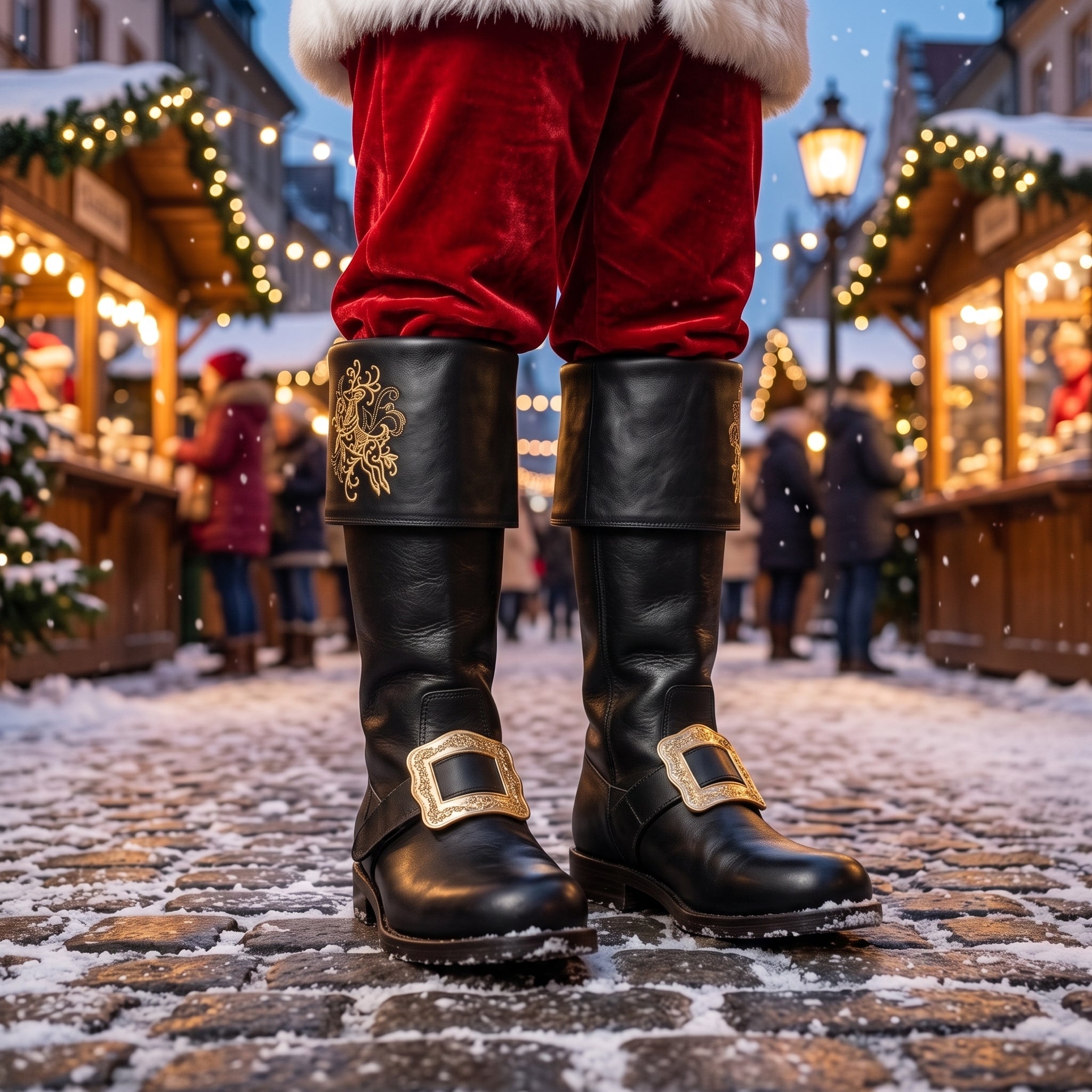 Pair, close together, buckles crossed: Pair of black leather Santa Claus boots with gold embroidered reindeer design on fold-over cuffs and engraved gold buckle straps
Pair, front-facing: Front view of black genuine leather Santa Claus boots showing gold thread reindeer embroidery and ornate gold buckle detail
Single boot, 3/4 profile: Single black leather Santa Claus boot with gold reindeer embroidery cuff and engraved buckle strap, side profile view