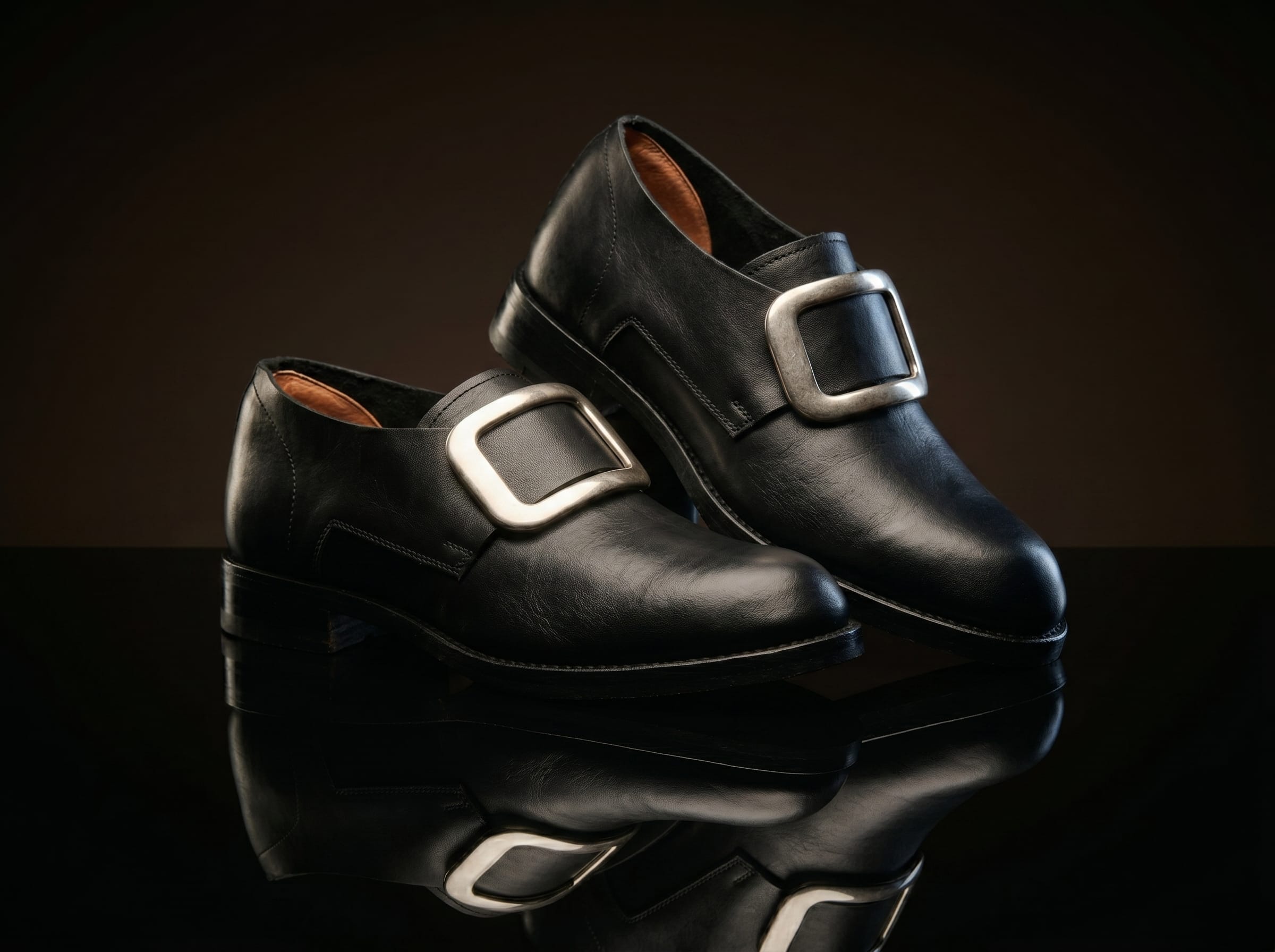Zapatos de traje histórico inglés de época colonial puritana de los siglos XVII y XVIII.