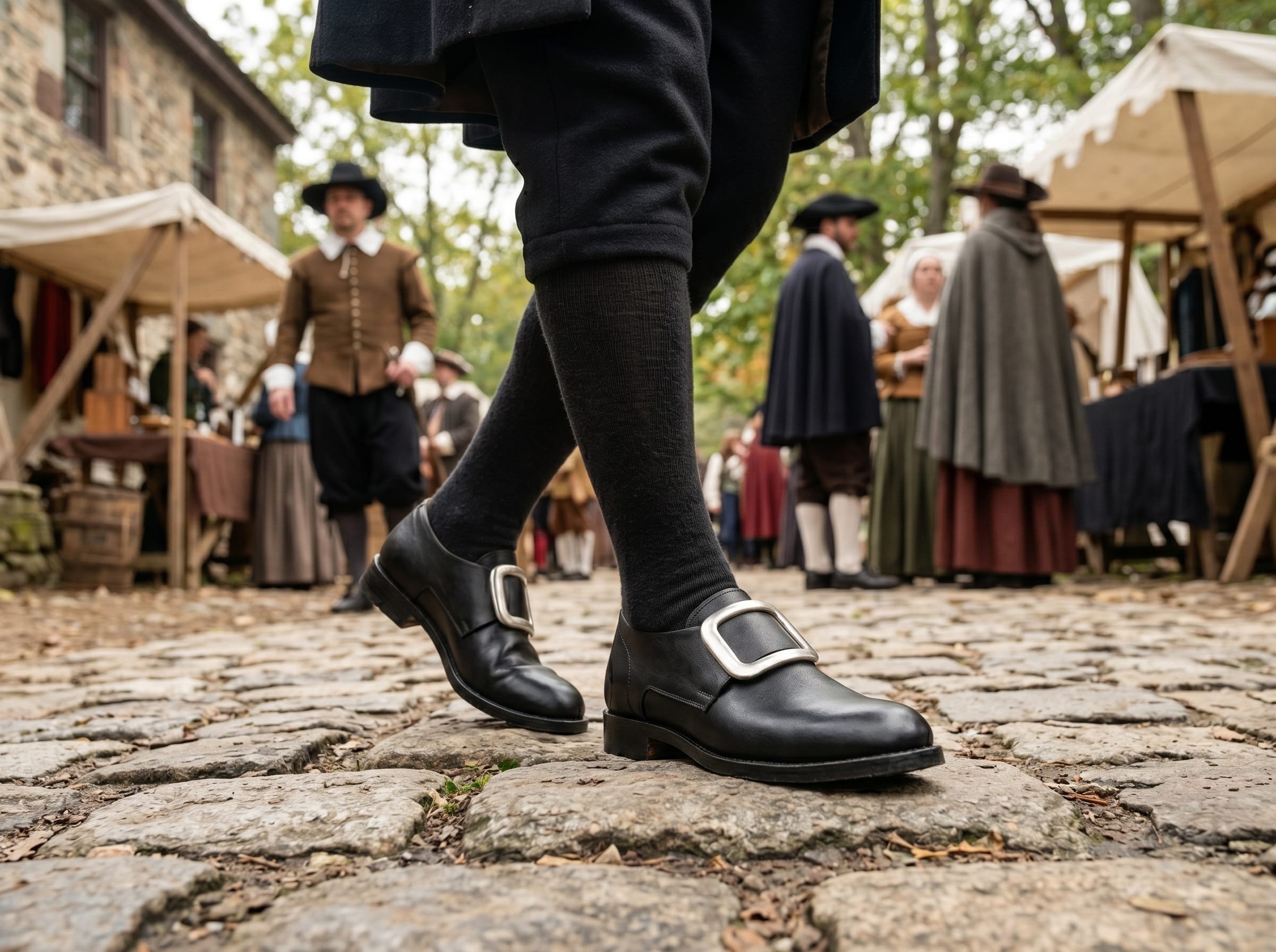 Zapatos de traje histórico inglés de época colonial puritana de los siglos XVII y XVIII.