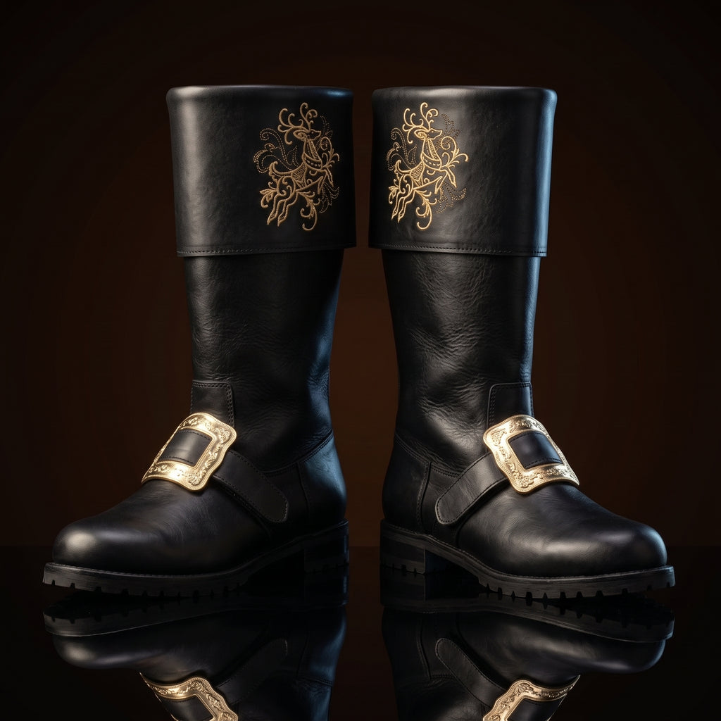 Pair, close together, buckles crossed: Pair of black leather Santa Claus boots with gold embroidered reindeer design on fold-over cuffs and engraved gold buckle straps
Pair, front-facing: Front view of black genuine leather Santa Claus boots showing gold thread reindeer embroidery and ornate gold buckle detail
Single boot, 3/4 profile: Single black leather Santa Claus boot with gold reindeer embroidery cuff and engraved buckle strap, side profile view