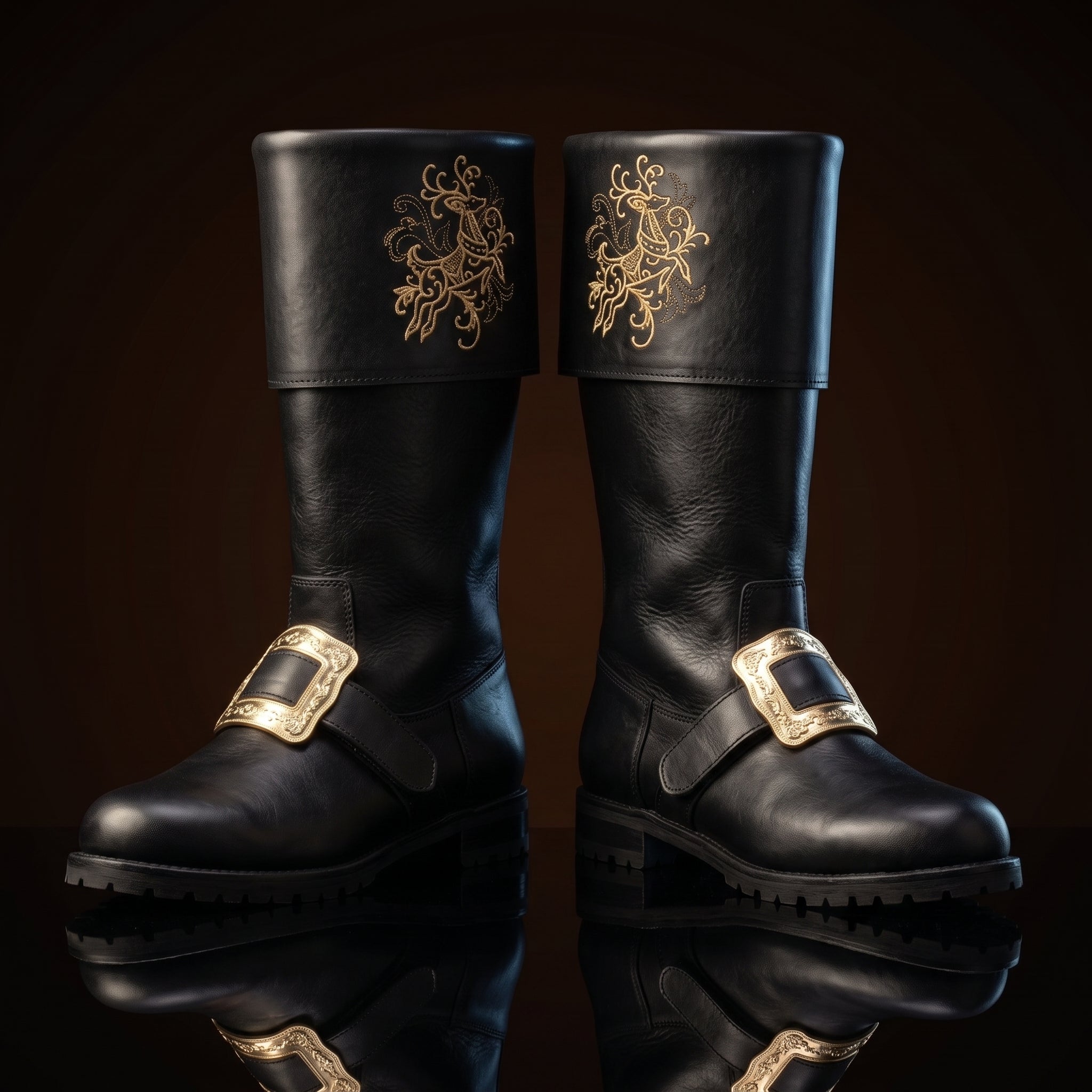 Pair, close together, buckles crossed: Pair of black leather Santa Claus boots with gold embroidered reindeer design on fold-over cuffs and engraved gold buckle straps
Pair, front-facing: Front view of black genuine leather Santa Claus boots showing gold thread reindeer embroidery and ornate gold buckle detail
Single boot, 3/4 profile: Single black leather Santa Claus boot with gold reindeer embroidery cuff and engraved buckle strap, side profile view