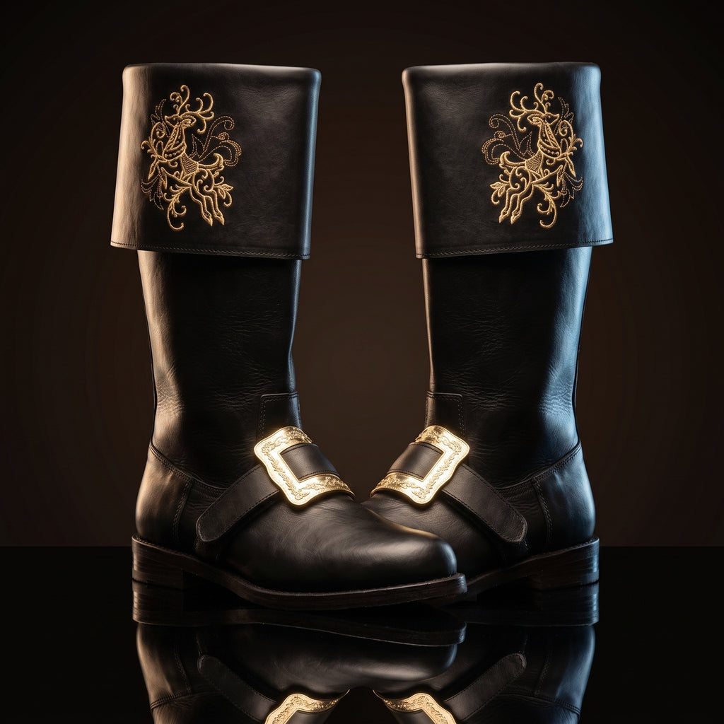 Pair, close together, buckles crossed: Pair of black leather Santa Claus boots with gold embroidered reindeer design on fold-over cuffs and engraved gold buckle straps
Pair, front-facing: Front view of black genuine leather Santa Claus boots showing gold thread reindeer embroidery and ornate gold buckle detail
Single boot, 3/4 profile: Single black leather Santa Claus boot with gold reindeer embroidery cuff and engraved buckle strap, side profile view