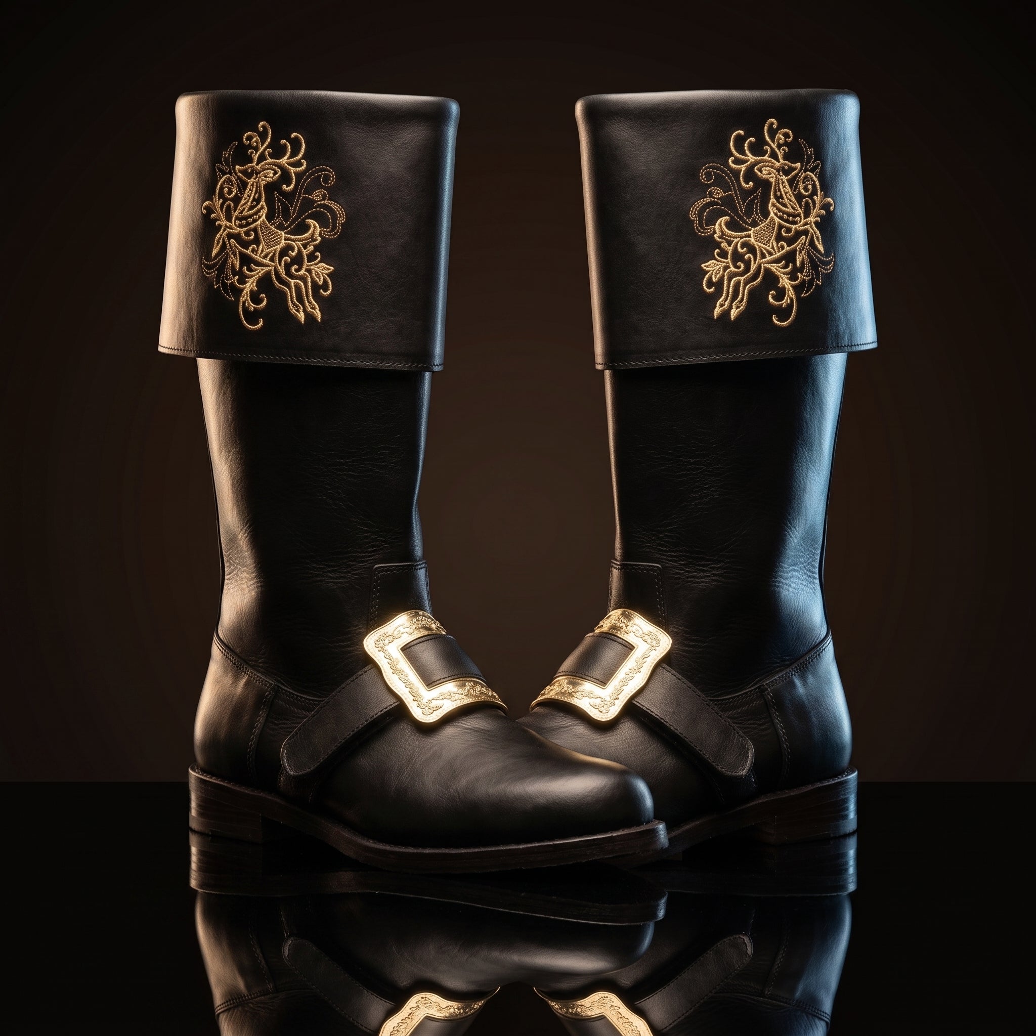 Pair, close together, buckles crossed: Pair of black leather Santa Claus boots with gold embroidered reindeer design on fold-over cuffs and engraved gold buckle straps
Pair, front-facing: Front view of black genuine leather Santa Claus boots showing gold thread reindeer embroidery and ornate gold buckle detail
Single boot, 3/4 profile: Single black leather Santa Claus boot with gold reindeer embroidery cuff and engraved buckle strap, side profile view