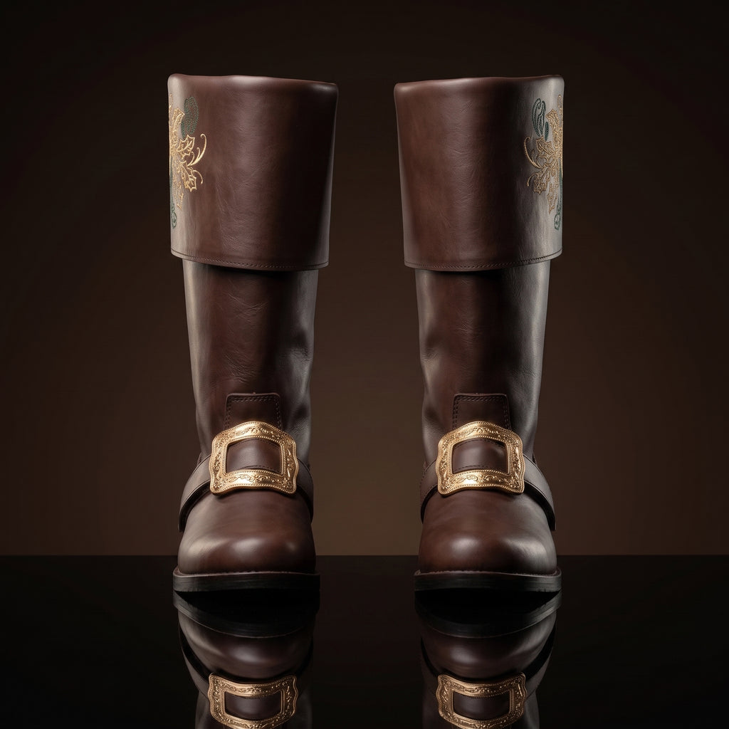 Pair, close together, buckles crossed: Pair of black leather Santa Claus boots with gold embroidered reindeer design on fold-over cuffs and engraved gold buckle straps
Pair, front-facing: Front view of black genuine leather Santa Claus boots showing gold thread reindeer embroidery and ornate gold buckle detail
Single boot, 3/4 profile: Single black leather Santa Claus boot with gold reindeer embroidery cuff and engraved buckle strap, side profile view