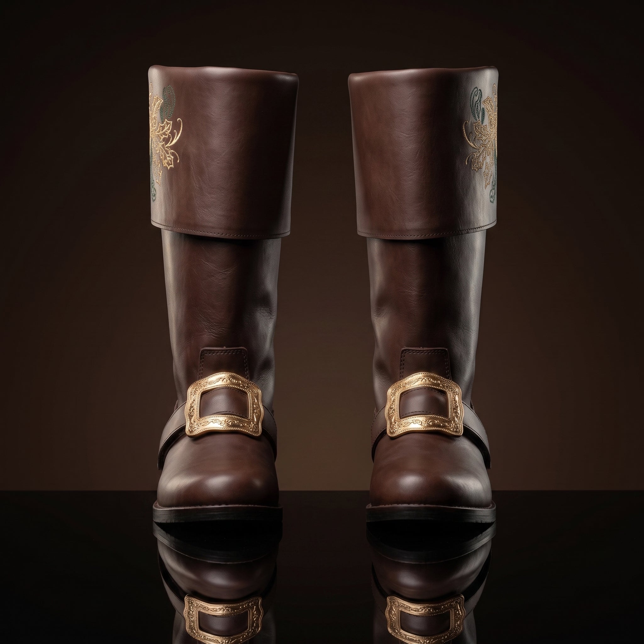 Pair, close together, buckles crossed: Pair of black leather Santa Claus boots with gold embroidered reindeer design on fold-over cuffs and engraved gold buckle straps
Pair, front-facing: Front view of black genuine leather Santa Claus boots showing gold thread reindeer embroidery and ornate gold buckle detail
Single boot, 3/4 profile: Single black leather Santa Claus boot with gold reindeer embroidery cuff and engraved buckle strap, side profile view