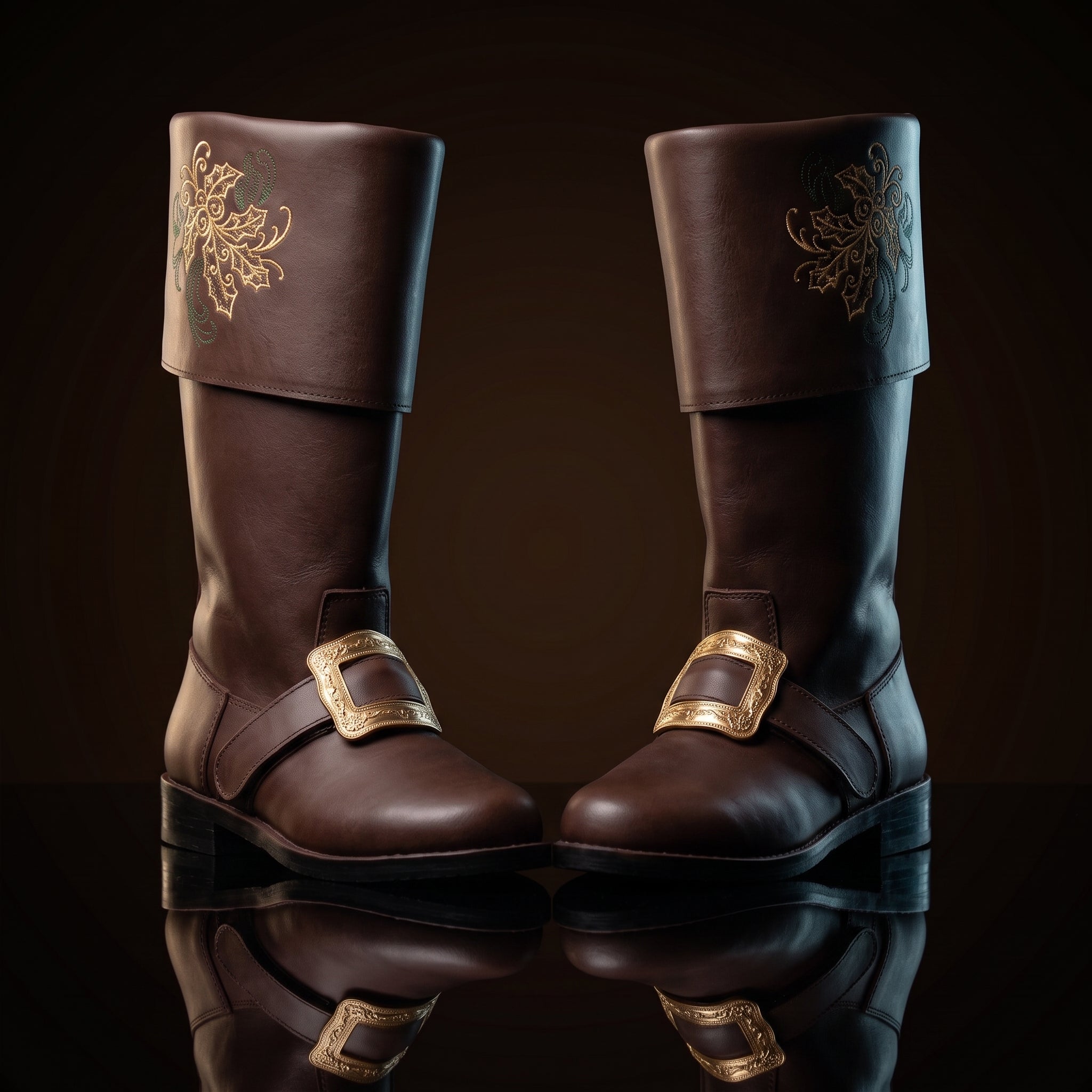 Pair, close together, buckles crossed: Pair of black leather Santa Claus boots with gold embroidered reindeer design on fold-over cuffs and engraved gold buckle straps
Pair, front-facing: Front view of black genuine leather Santa Claus boots showing gold thread reindeer embroidery and ornate gold buckle detail
Single boot, 3/4 profile: Single black leather Santa Claus boot with gold reindeer embroidery cuff and engraved buckle strap, side profile view