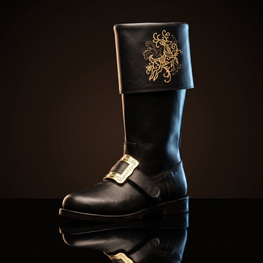 Pair, close together, buckles crossed: Pair of black leather Santa Claus boots with gold embroidered reindeer design on fold-over cuffs and engraved gold buckle straps
Pair, front-facing: Front view of black genuine leather Santa Claus boots showing gold thread reindeer embroidery and ornate gold buckle detail
Single boot, 3/4 profile: Single black leather Santa Claus boot with gold reindeer embroidery cuff and engraved buckle strap, side profile view