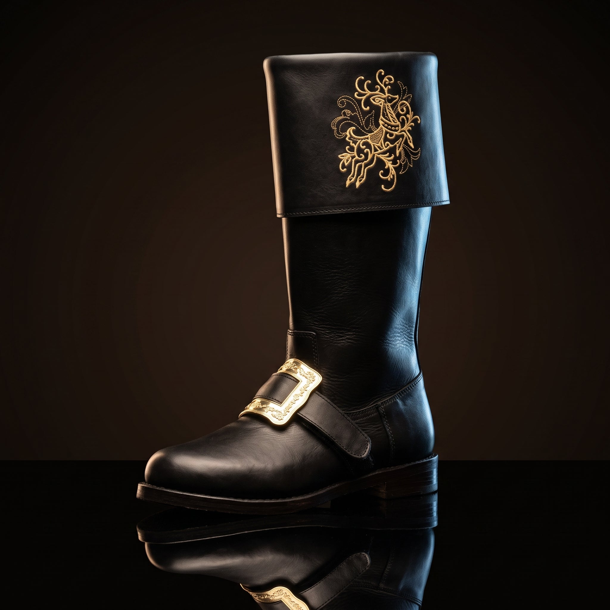 Pair, close together, buckles crossed: Pair of black leather Santa Claus boots with gold embroidered reindeer design on fold-over cuffs and engraved gold buckle straps
Pair, front-facing: Front view of black genuine leather Santa Claus boots showing gold thread reindeer embroidery and ornate gold buckle detail
Single boot, 3/4 profile: Single black leather Santa Claus boot with gold reindeer embroidery cuff and engraved buckle strap, side profile view