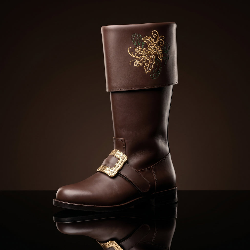 Pair, close together, buckles crossed: Pair of black leather Santa Claus boots with gold embroidered reindeer design on fold-over cuffs and engraved gold buckle straps
Pair, front-facing: Front view of black genuine leather Santa Claus boots showing gold thread reindeer embroidery and ornate gold buckle detail
Single boot, 3/4 profile: Single black leather Santa Claus boot with gold reindeer embroidery cuff and engraved buckle strap, side profile view