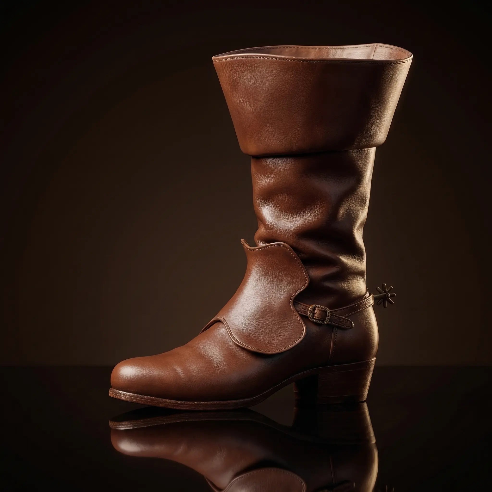 Handmade chocolate leather riding boot with folded cuff and star spur