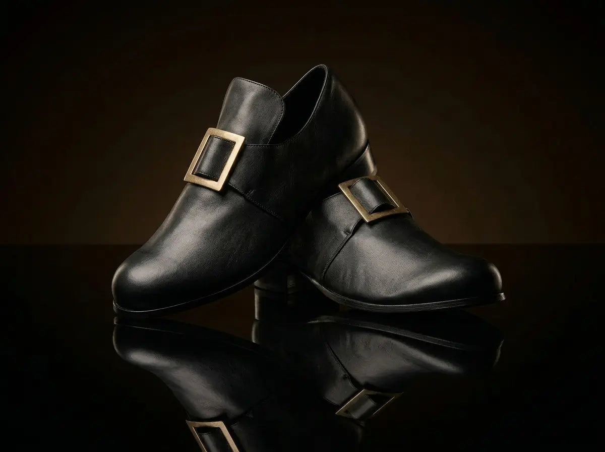 Zapatos de traje histórico inglés de época colonial puritana de los siglos XVII y XVIII.