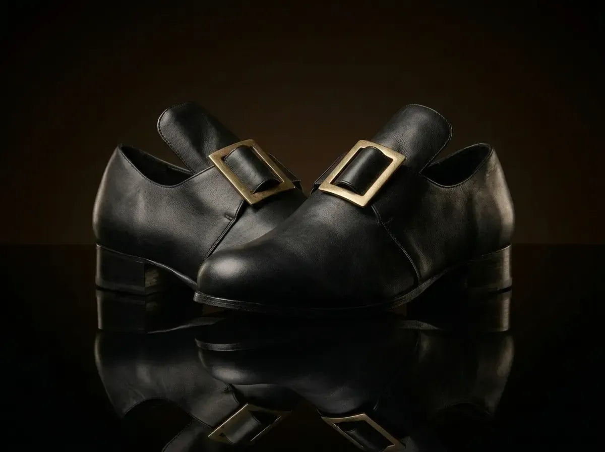 Zapatos de traje histórico inglés de época colonial puritana de los siglos XVII y XVIII.