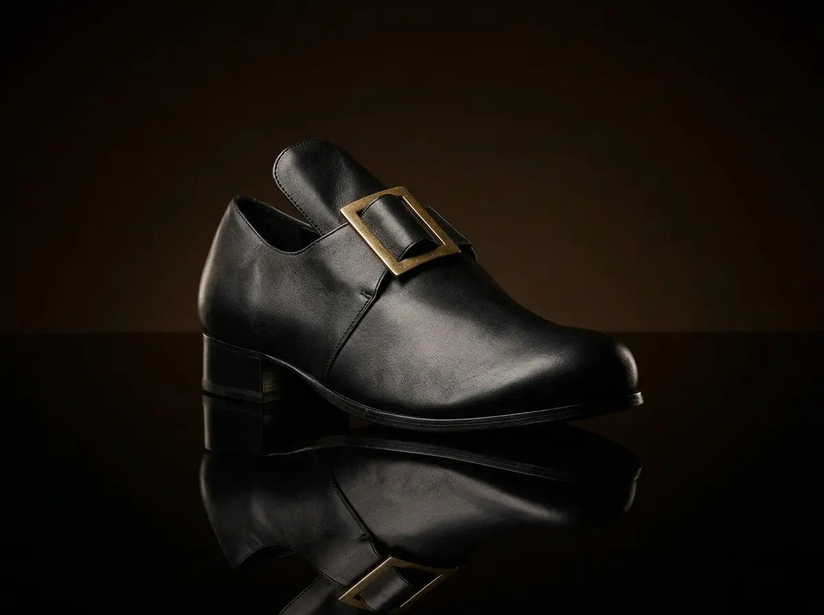 Zapatos de traje histórico inglés de época colonial puritana de los siglos XVII y XVIII.